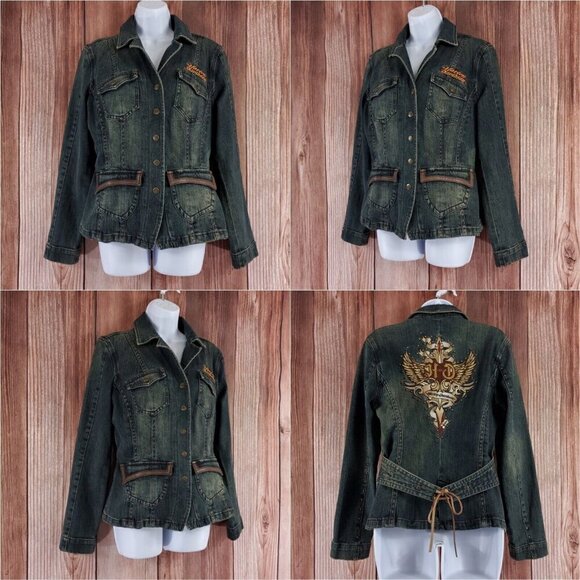 Harley Davidson HD Womens Size Medium Blue Denim Studded Biker Motorcycle Jacket - Picture 1 of 16